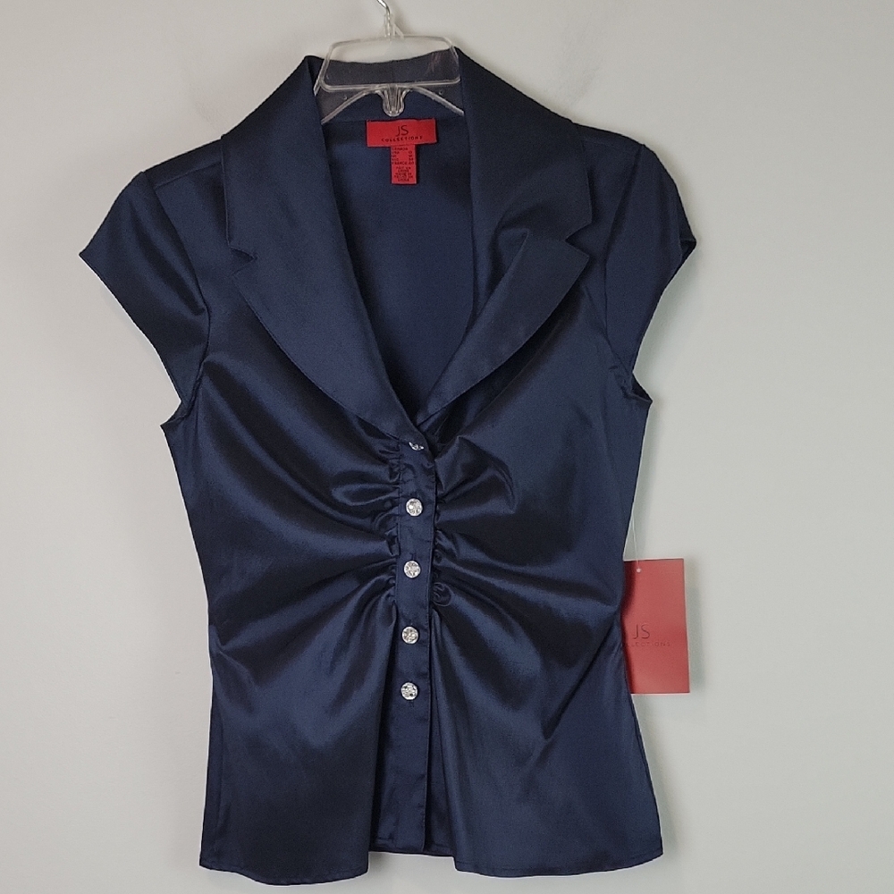 JS Collections Midnight Blue Satin Blouse Rhinestone buttons